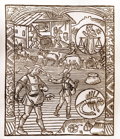 Calendario del pastore - I lavori dei mesi - Settembre - Xilografia dal libro del 1496 stampato da Guy Marchant (Guido Mercator) a Troyes - In primo piano, contadini che seminano a spaglio - Xilografia in 
