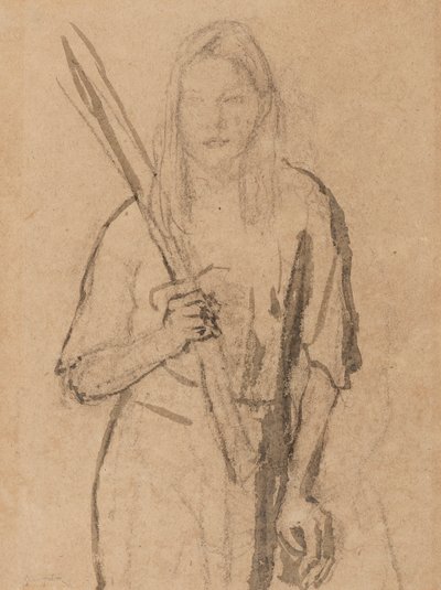 Ragazza in piedi con un palo di legno in mano da Gwen John