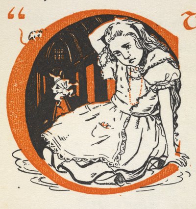 Lettera illuminata C con Alice e il Coniglio Bianco all