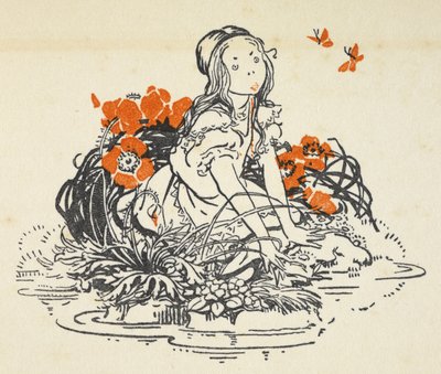Illustrazione di Alice accanto a una pozza circondata da papaveri e farfalle da Gwynedd M. Hudson