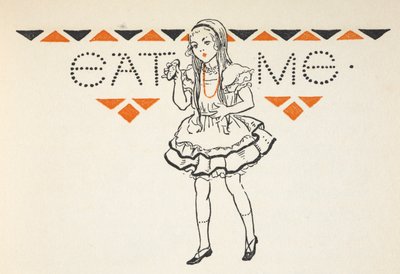 Illustrazione di Alice con una piccola torta con la scritta 