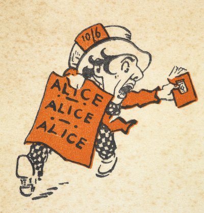 Illustrazione del Cappellaio Matto che corre portando un libro e un cartello con scritto 