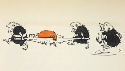 Illustrazione di due ricci che trasportano un giocatore di croquet ferito seguiti da un altro riccio piangente da Gwynedd M. Hudson