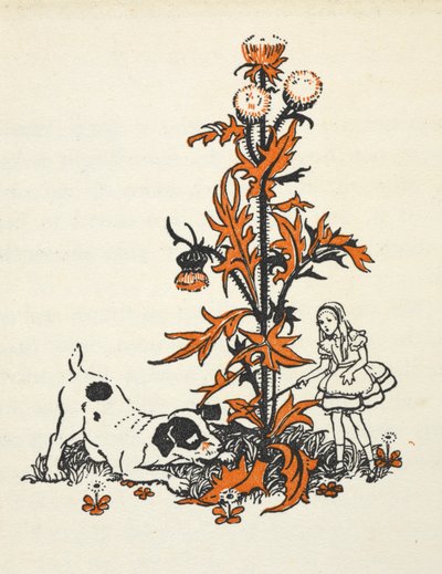 Alice rimpicciolita e il cucciolo vicino a un cardo gigante da Gwynedd M. Hudson