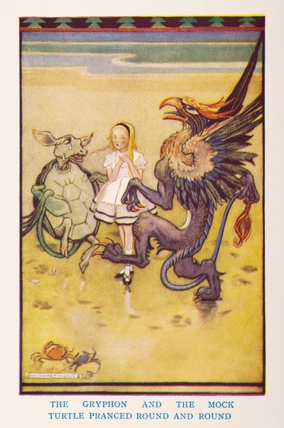 Il Grifone e la Finta Tartaruga ballavano in cerchio, dal libro per bambini Alice nel Paese delle Meraviglie, raccontato per i bambini da Irene Pearl; le immagini di Gwynedd Hudson da Gwynedd M. Hudson