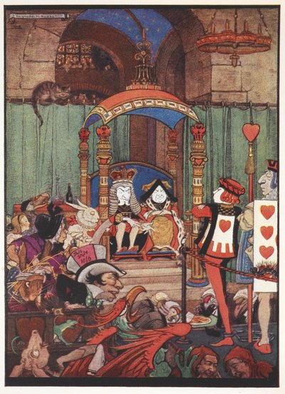 Il Re e la Regina di Cuori sul loro trono a corte durante il processo del Fante di Cuori da Gwynedd M. Hudson