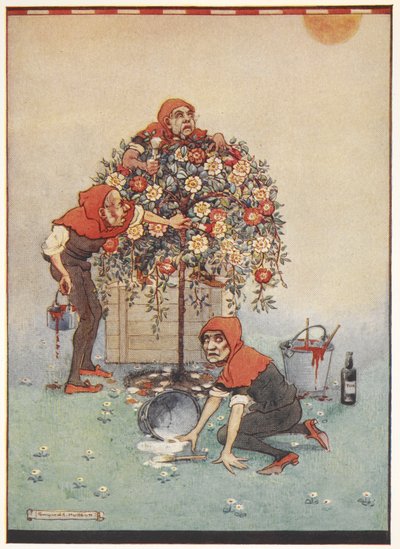 I giardinieri della Regina di Cuori dipingono le rose da bianche a rosse da Alice nel Paese delle Meraviglie da Gwynedd M. Hudson