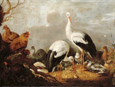 Cicogne, anatre, polli, un airone, una rana e altri uccelli in un paesaggio fluviale da Gysbert Hondecoeter