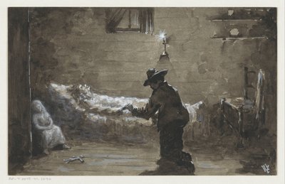 Uomo inginocchiato accanto al letto di una donna da H.C. Louwerse (signed by artist)