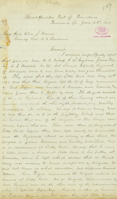 Lettera di H. T. Reid, quartier generale, Post of Providence, Louisiana, al Brigadiere Generale Elias S. Dennis, 22 giugno 1863 da H.T. Reid