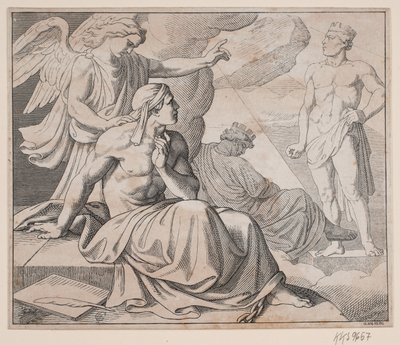 Foglio allegorico. Un angelo mette la mano sulla spalla di un uomo e indica una statua da H. C. Henneberg