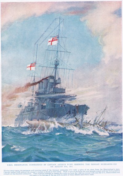 HMS Birmingham comandata dal capitano Arthur Duff, sperona il sottomarino tedesco U15 il 9 agosto 1914, illustrazione da 