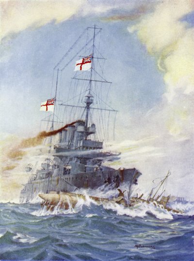 HMS Birmingham sperona il sottomarino tedesco U-15, 9 agosto 1914 da H. G. Swanwick