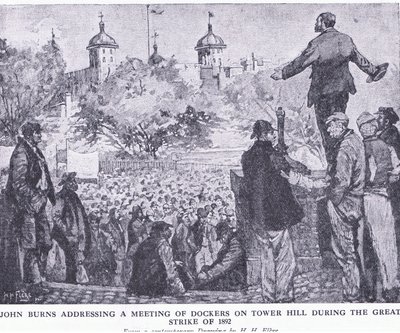 John Burns che parla a una riunione di scaricatori di porto a Tower Hill durante il Grande Sciopero del 1892, da La Storia del Popolo Britannico di Cassell pubblicato da Waverley Book Company Limited, c.1940 da H. H. Flere