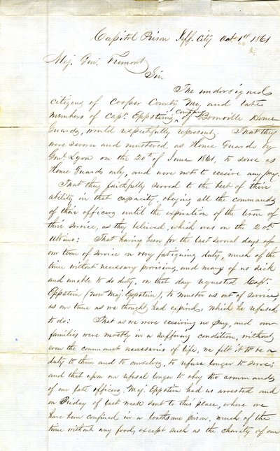 Appello dei membri della Compagnia del Capitano Eppstein, Boonville Home Guards, Prigione del Campidoglio, Jefferson City, al Maggiore Generale Fremont, 1 ottobre 1861 da H. L. Hoefer