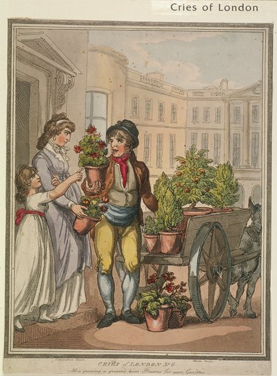 Tutto cresce, cresce, ecco i fiori per i vostri giardini, tavola VI di Cries of London, 1799 da H Merke