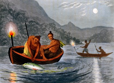 Nativi americani che pescano con la torcia in Nord America, 1813 da H Merke