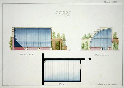 Progetto per una serra con pareti e tetto in vetro curvo, da un folio di disegni originali in stile classico e Belle-Epoque, c.1870 da H. Monnot
