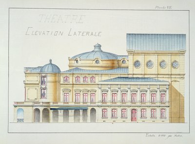 Elevazione laterale di un teatro, tavola VII da un folio di disegni, c.1870 da H. Monnot