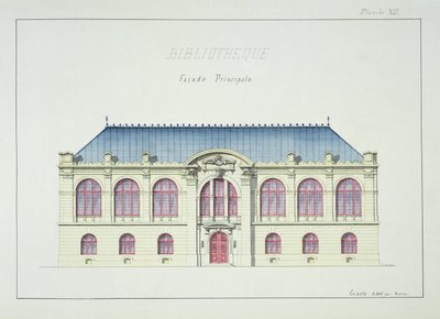 Facciata principale di una biblioteca, tavola XII da un folio di disegni, c.1870 da H. Monnot