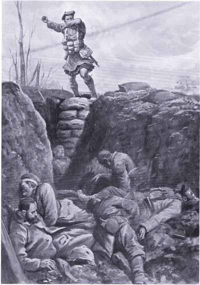 Il Soldato Brown (Gordon Highlander) bombarda il nemico in una trincea tedesca dalla cima di una barricata da H. Ripperger