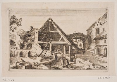 Interno cittadino con stalla e nascita di Gesù da H. Rosenkilde