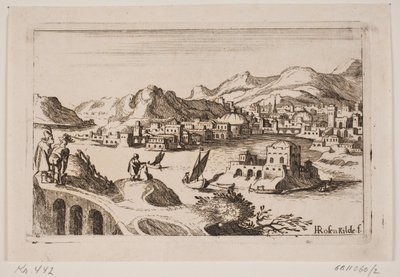 Paesaggio costiero coperto di rame con edifici orientali da H. Rosenkilde