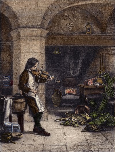 Jean Baptiste Lully (Giovanni Battista Lulli) (1632-1687), compositore francese, poi galopin o marmiton di Mademoiselle de Montpensier. Incisione di T. Meyer-Heine da un disegno di Hippolyte de La Charlerie (1827-1867) da H. de la (after) Charlerie