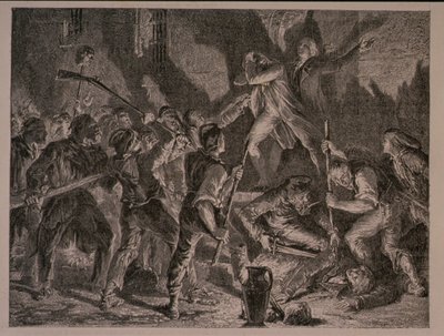 Il massacro nelle prigioni nel settembre 1792, inciso da Jean-Baptiste Charles Carbonneau (n.1815) da H. de la Charlerie