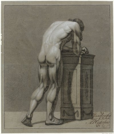 Nudo maschile in piedi, piegato in avanti su un blocco, visto di schiena da Haatje Pieters Oosterhuis