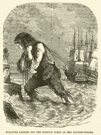 Gulliver porta via la flotta ostile dei Blefuscudiani (incisione) da after Hablot Knight Browne