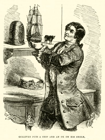 Gulliver mette una nave e un bue sul suo scaffale (incisione) da after Hablot Knight Browne