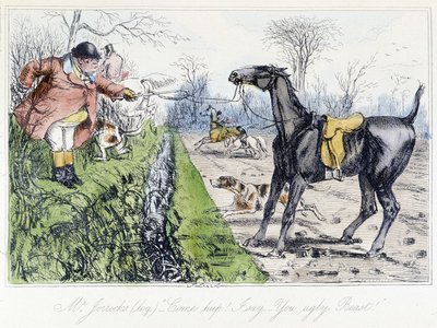 Scena di caccia a cavallo. Caricatura inglese sulla caccia alla volpe da "Le avventure di Thomas Scott o Hawbuck Grange", illustrazione di H.K. Browne e W.T. Maud da Hablot Knight Browne
