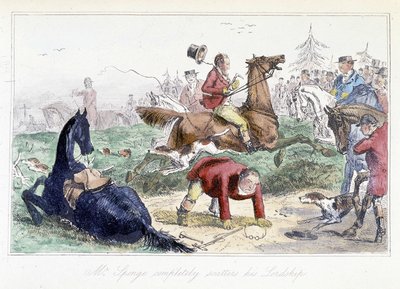 Cacciatore cade dal suo cavallo. Caricatura inglese dalle avventure di Thomas Scott o Hawbuck Grange", illustrazione di H.K. Browne e W.T. Maud da Hablot Knight Browne