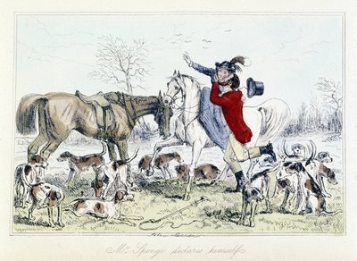 Mr Sponge si dichiara. Caricatura inglese sulla caccia alla volpe in "The Adventures of Thomas Scott", illustrazione di H.K. Browne e W.T. Maud da Hablot Knight Browne