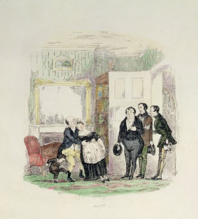 Mr Pickwick viene trovato dai suoi amici con la signora Bardell tra le braccia, illustrazione da 