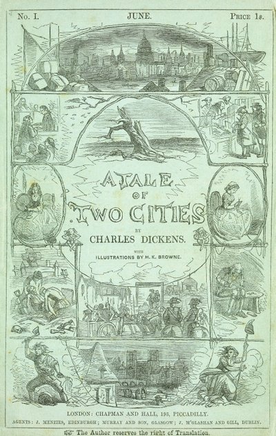 Pagina del titolo della prima parte della prima edizione in parti serializzate del libro "A Tale of Two Cities" di Charles Dickens da Hablot Knight Browne