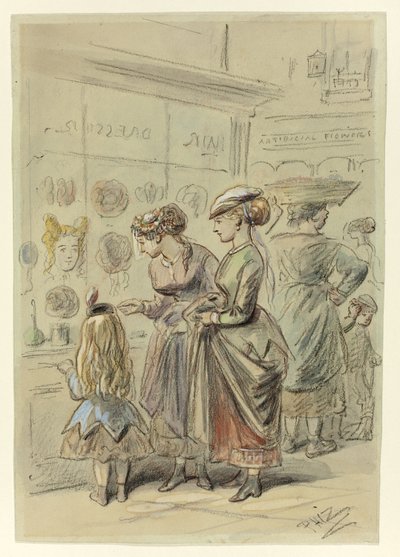 Due signore e una bambina davanti al negozio di parrucchiere da Hablot Knight Browne