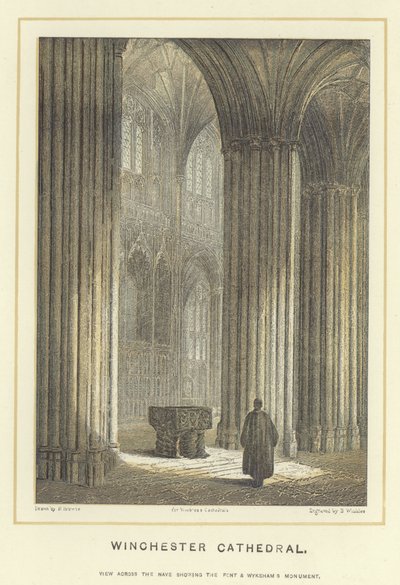 Cattedrale di Winchester, vista attraverso la navata che mostra la facciata e il Monumento di Wykeham da Hablot Knight Browne