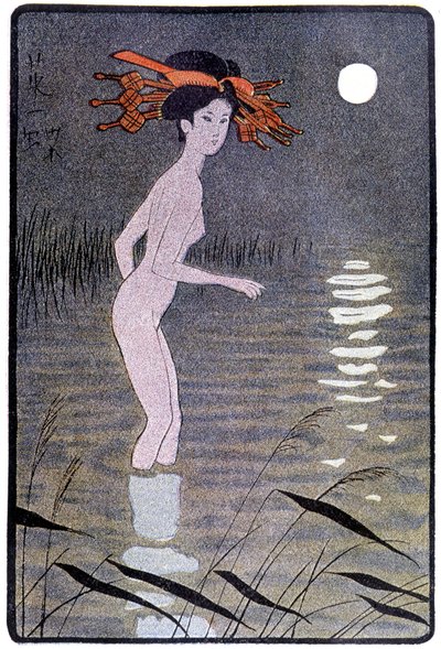 Giovane giapponese che si bagna in uno stagno al chiaro di luna - in "Bambola giapponese" di Félicien Champsaur, ill. Hanafusa Itcho, Parigi da Hanabusa Itcho