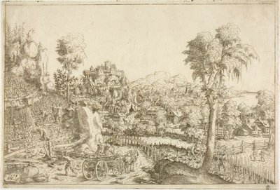 Paesaggio con vigneto, al centro un carro carico di pali da Hanns Lautensack