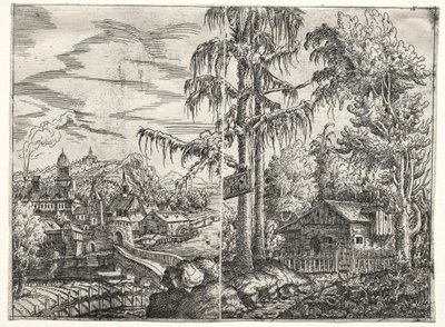 Paesaggio con la città su un fiume e il cottage tra gli alberi, 1551 da Hanns Sebald Lautensack