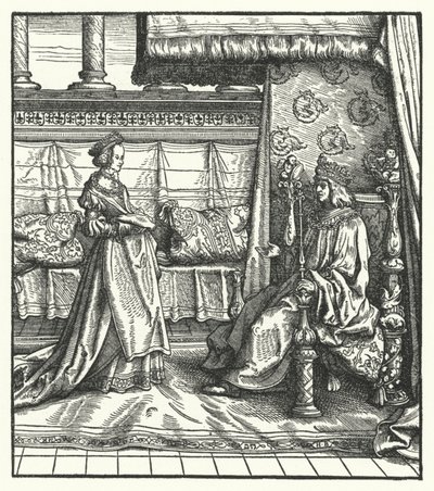 Carlo il Temerario, duca di Borgogna, con sua figlia Maria, che in seguito sposò il futuro imperatore del Sacro Romano Impero Massimiliano I nel 1477 (incisione) da Hans (after) Burgkmair