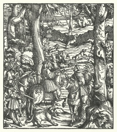 Massimiliano I, Re dei Romani, che riceve un messaggio durante una caccia (incisione) da Hans (after) Burgkmair