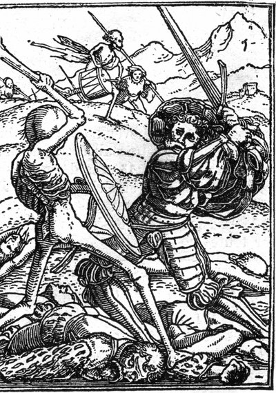 La falsa morte di Hans Holbein il Giovane: il soldato. Un soldato combatte la Morte; ai loro piedi giacciono i corpi di altri guerrieri. Incisione da Hans (after) Holbein the Younger