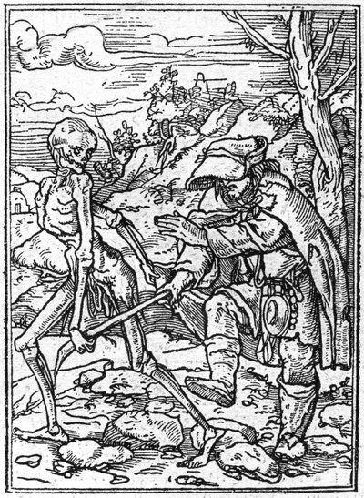 Le simulazioni della morte di Hans Holbein il Giovane (1497-1543): il cieco. La morte afferra il bastone del cieco e funge da guida. Incisione da Hans (after) Holbein the Younger