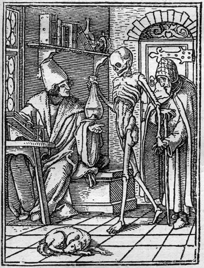 Le simulazioni della morte di Hans Holbein il Giovane: il dottore. La Morte si interpone tra il dottore e il suo paziente. Incisione da Hans (after) Holbein the Younger