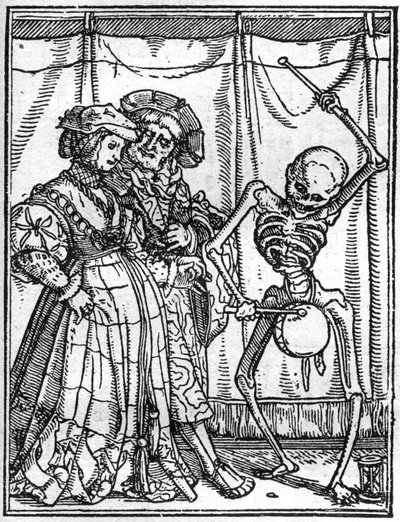 Le simulazioni della morte di Hans Holbein il Giovane (1497-1543): i mariti. La morte suona il tamburo davanti a una coppia. Incisione. da Hans (after) Holbein the Younger