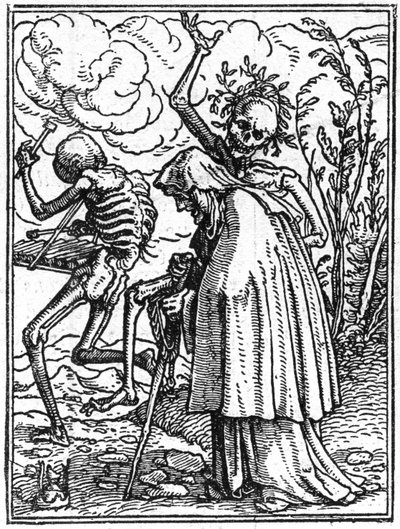 Le simulazioni della morte di Hans Holbein il Giovane (1497-1543): la vecchia. La morte accompagna una vecchia signora al suo destino. Incisione. da Hans (after) Holbein the Younger