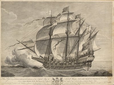 Questa stampa è la rappresentazione esatta di quella nave capitale, il Grande Harry, costruita nel cantiere navale di Sua Maestà a Woolwich durante il regno di re Enrico VIII Anno 1514 da Hans (after) Holbein the Younger